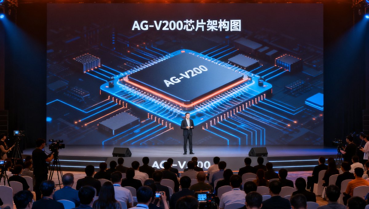 AG-V200芯片发布会现场，舞台中央大屏幕展示芯片架构图，台下坐满行业嘉宾与媒体记者，灯光以橙色和深蓝为主调