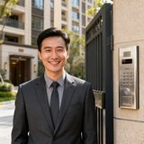 一位三十多岁的男性社区物业经理肖像，穿着深灰色西装，背景是现代化住宅小区大门和智能门禁系统，面带微笑